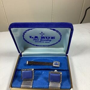La Rue Blue Stone Gold Tone Cufflinks & Tie Clip Set Box